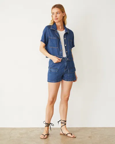 Monrow Soft Denim Cargo Short In Medium Wash