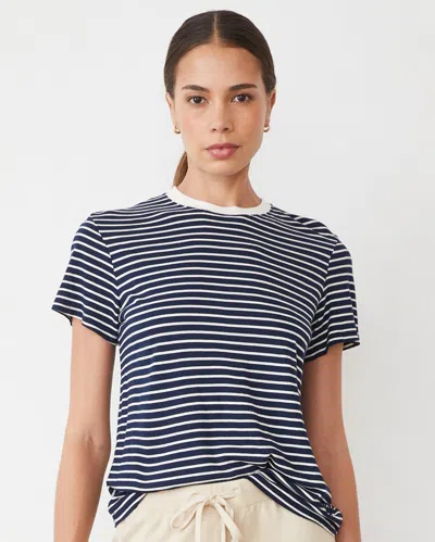 Monrow Stripe Basic Crew In Navy/ivory