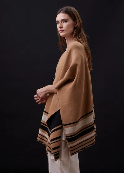 Monrow Supersoft Sweater Knit Reversible Stripe Poncho In Golden Brown