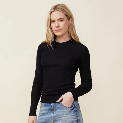 Monrow Supimafine Rib Long Sleeve Crew Top In Black In Black
