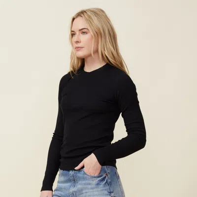 Monrow Supimafine Rib Long Sleeve Crew Top In Black In Black