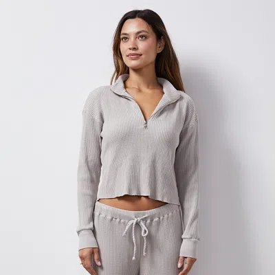 Monrow Waffle Half Zip Sweatshirt In Stone Grey