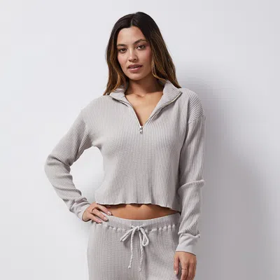 Monrow Waffle Half Zip Sweatshirt In Stone Grey