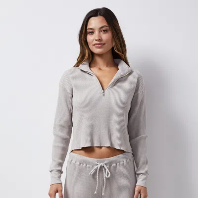 Monrow Waffle Half Zip Sweatshirt In Stone Grey