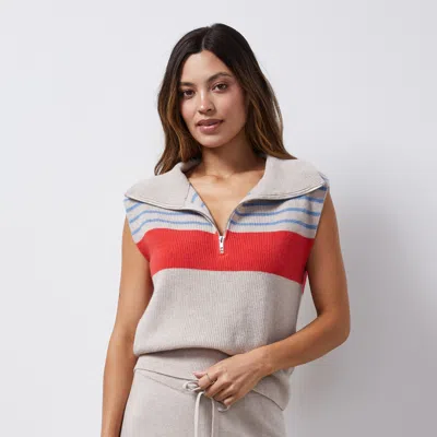 Monrow Wool Cashmere Stripe Half Zip Vest In Oatmeal/ Light Blue