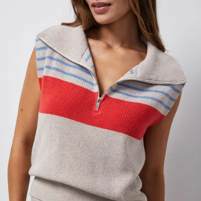 Monrow Wool Cashmere Stripe Half Zip Vest In Oatmeal/ Light Blue