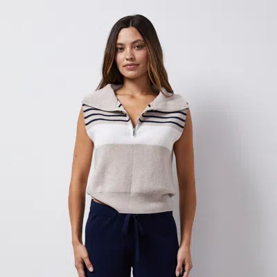 Monrow Stripe Half Zip Vest In Beige In Oatmeal/navy