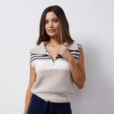 Monrow Stripe Half Zip Vest In Beige In Oatmeal/navy