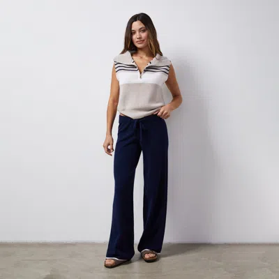 Monrow Stripe Half Zip Vest In Beige In Oatmeal/navy