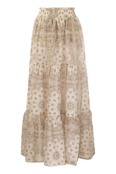 Mc2 Saint Barth Tiered Maxi Skirt In Printed Silk Voile In Beige