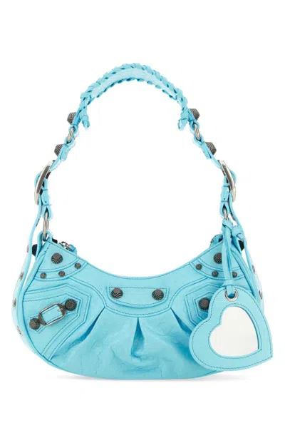 Balenciaga Leather Cagole Shoulder Bag With Studded Detail In Blue