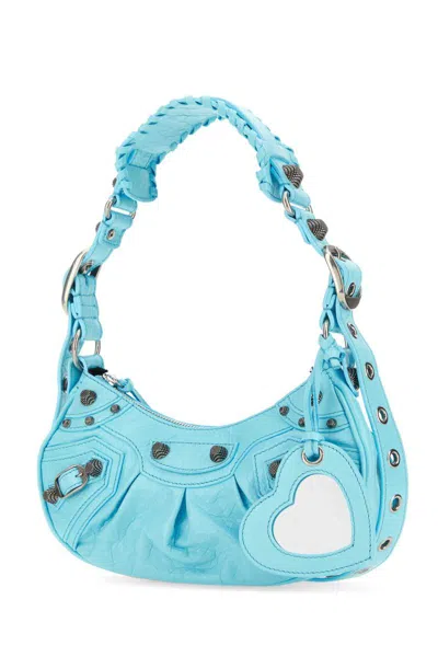 Balenciaga Leather Cagole Shoulder Bag With Studded Detail In Blue