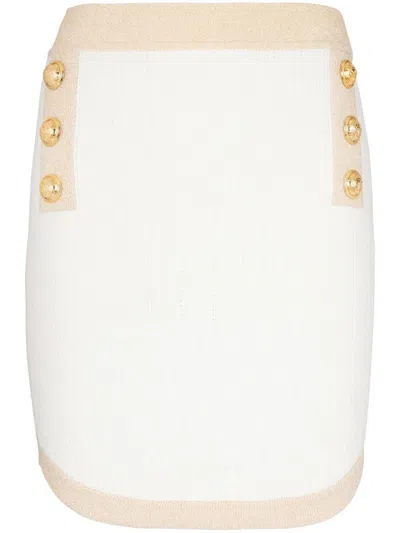 Balmain 6-button Metallic-edge Pointelle Knit Mini Skirt In Beige