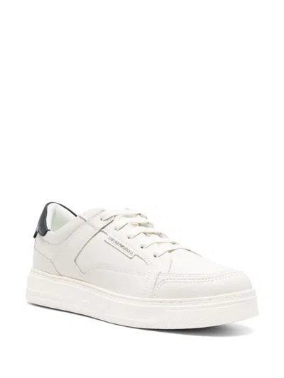 Shop Emporio Armani Logo Leather Sneakers In White