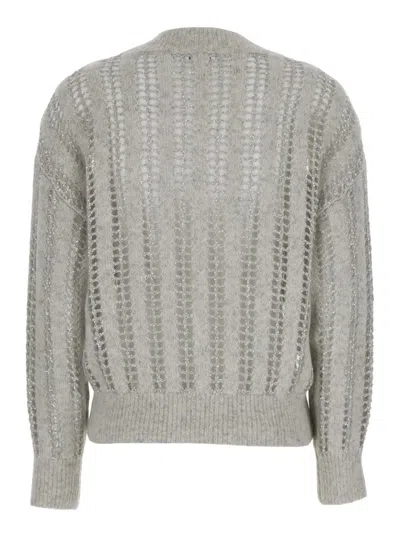 Shop Brunello Cucinelli Grey V Neckl Cardigan With Micro Sequins In Dazzling Striped Net Woman