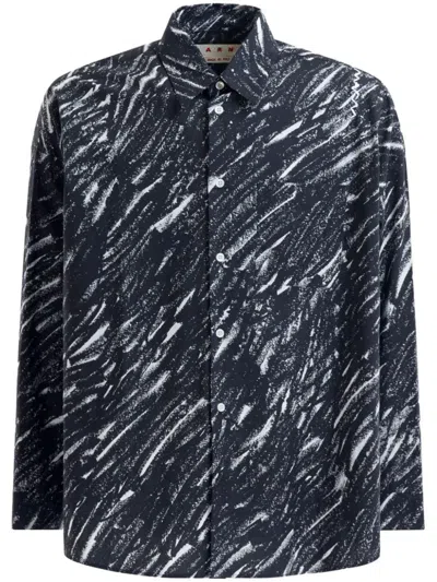 Marni Flocked Denim Oversized Shirt With Crayon Print In Grey