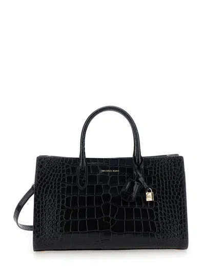 Shop Michael Kors Black Handbag With Logo Lettering On The Front And Embossed Crocodile Effect In Leather Woman