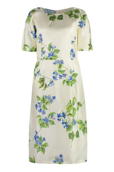 Prada Floral-print Twill Dress In White