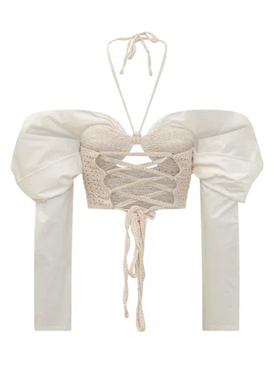 The Mannei Draped-sleeves Crochet-knit Blouse In White