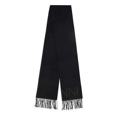 Ganni Fringed Wool Scarf In 099