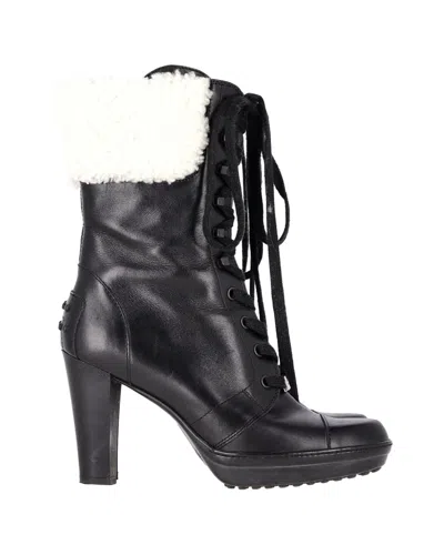 Tod's Shearling Lace-up Heeled Boots In Black Leather In Black