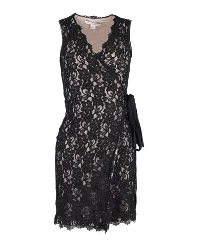 Diane Von Furstenberg Floral Lace Sleeveless Wrap In Black Rayon In Black