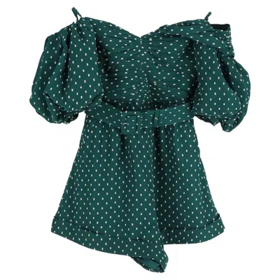 Self-portrait Polka Dot One-shoulder Belted Fil Coupé Romper In Green Polyester In Green