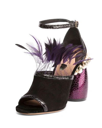 Dries Van Noten Suede Sandal W/feather Trim, Black/purple