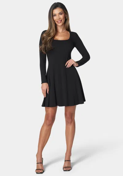 Bebe Long Sleeve Rib Godet Dress In Black