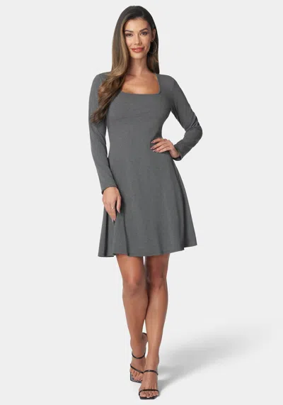 Bebe Long Sleeve Rib Godet Dress In Charcoal