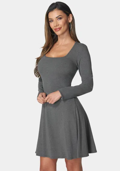 Bebe Long Sleeve Rib Godet Dress In Charcoal