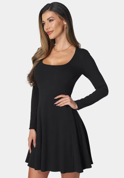Bebe Long Sleeve Rib Godet Dress In Black