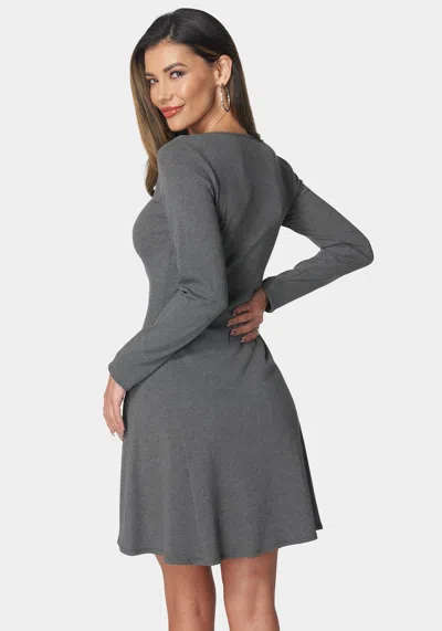 Bebe Long Sleeve Rib Godet Dress In Charcoal