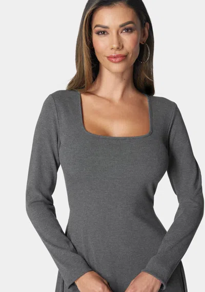 Bebe Long Sleeve Rib Godet Dress In Charcoal