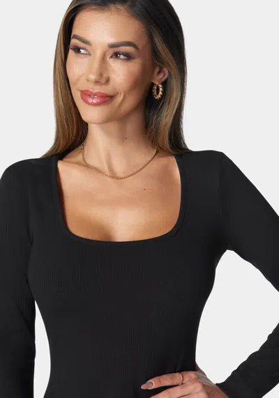 Bebe Long Sleeve Rib Godet Dress In Black