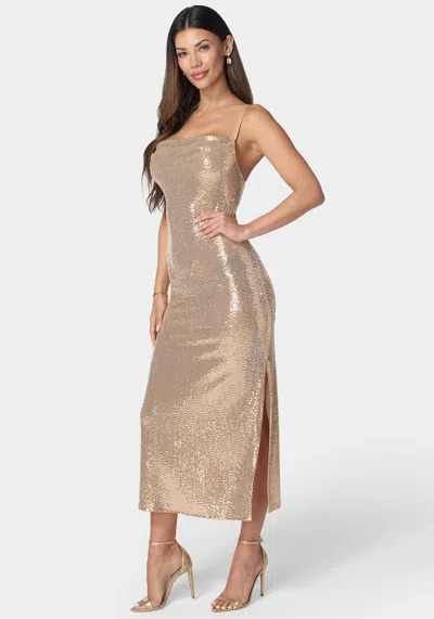 Bebe Spagh Gown Long Slim Maxi In Black,gold