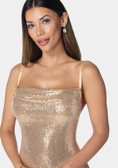 Bebe Spagh Gown Long Slim Maxi In Black,gold