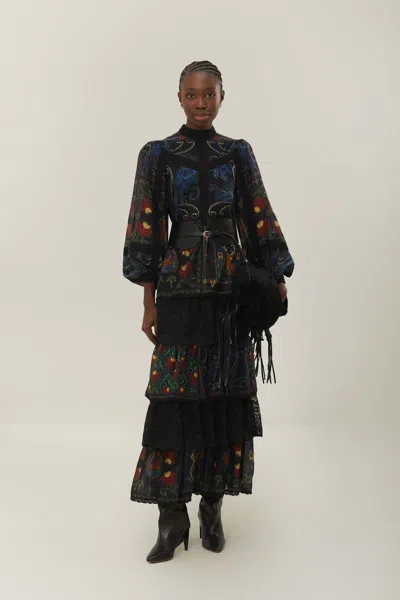 Farm Rio Black Mixed Arabesque Scarves Long Sleeve Maxi Dress In Mixed Arabesque Scarves Black