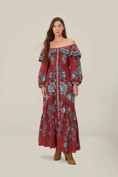 Farm Rio Red Tropical Landing Off Shoulder Maxi Dress In Tropical Landing Red