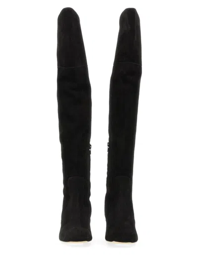 Aeyde Letizia 45mm Thin Block Square In Leathertoe Over The Knee Boot In Black
