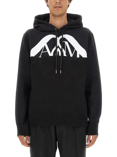 Alexander Mcqueen Drawstring Hooded Sweater With Ribbed Hem And Cuffs In Black