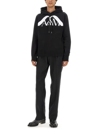 Alexander Mcqueen Drawstring Hooded Sweater With Ribbed Hem And Cuffs In Black