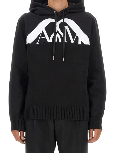 Alexander Mcqueen Drawstring Hooded Sweater With Ribbed Hem And Cuffs In Black