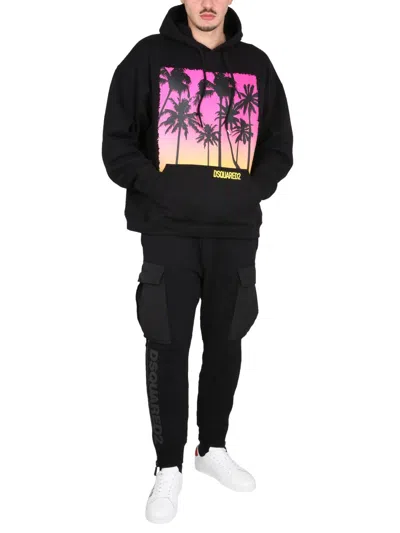 Dsquared2 Palm-tree Print Cotton Hoodie In Black
