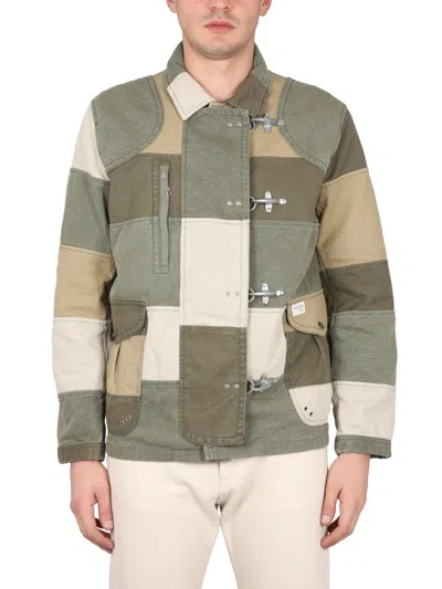 Fay Khaki Green Patchwork Jacket With Buckles In Cotton Man In Multicolor