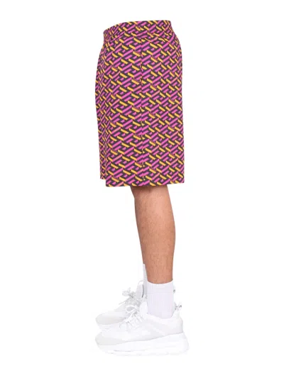 Shop Versace Men Shorts With La Greca Print In Multicolor