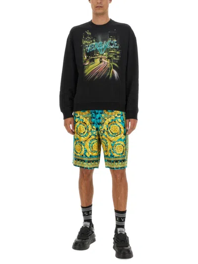 Versace Printed Cotton Crew-neck Sweatshirt In Black