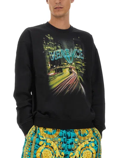 Versace Printed Cotton Crew-neck Sweatshirt In Black