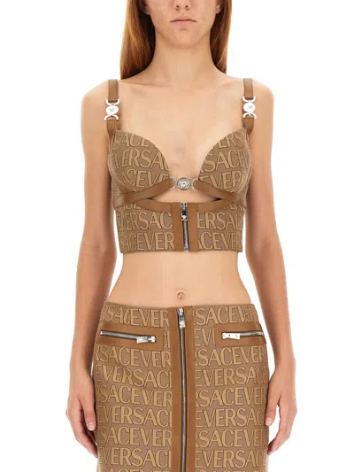 Versace Garden Monogram Patterned Crop Top With Clip Closure In Brown