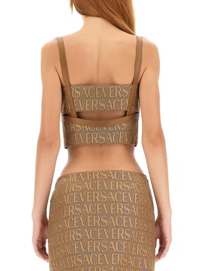 Versace Garden Monogram Patterned Crop Top With Clip Closure In Brown